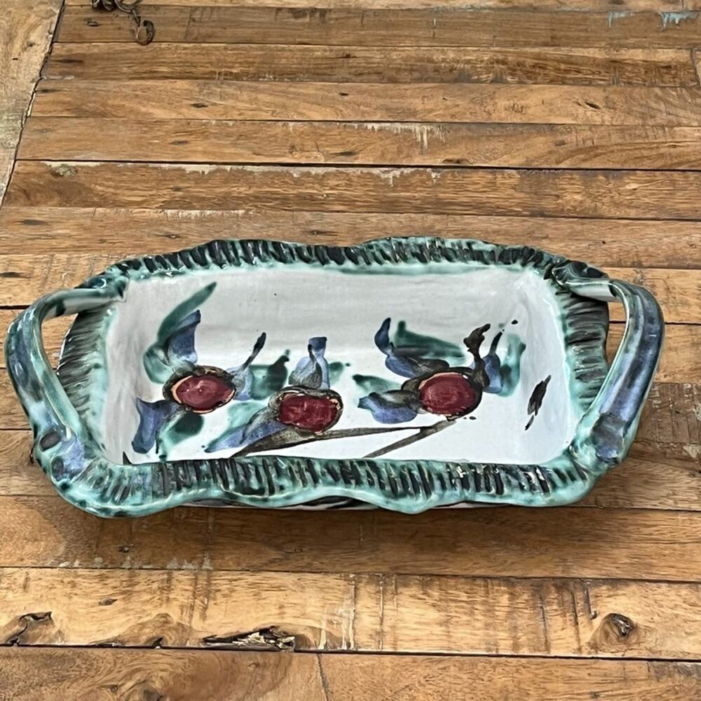 Vintage Italian Hand Painted Art Pottery Casserole Bread Basket Oven Safe